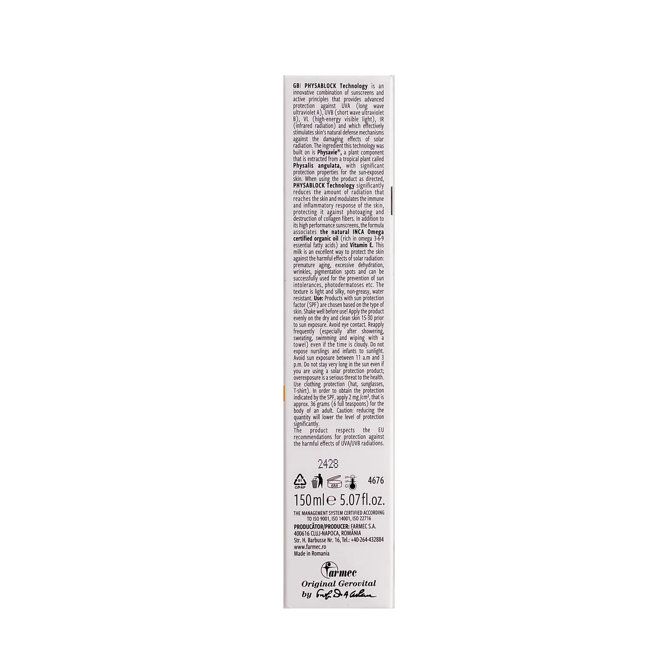 Gerovital H3 Sun Sunscreen Milk Spf50 150Ml