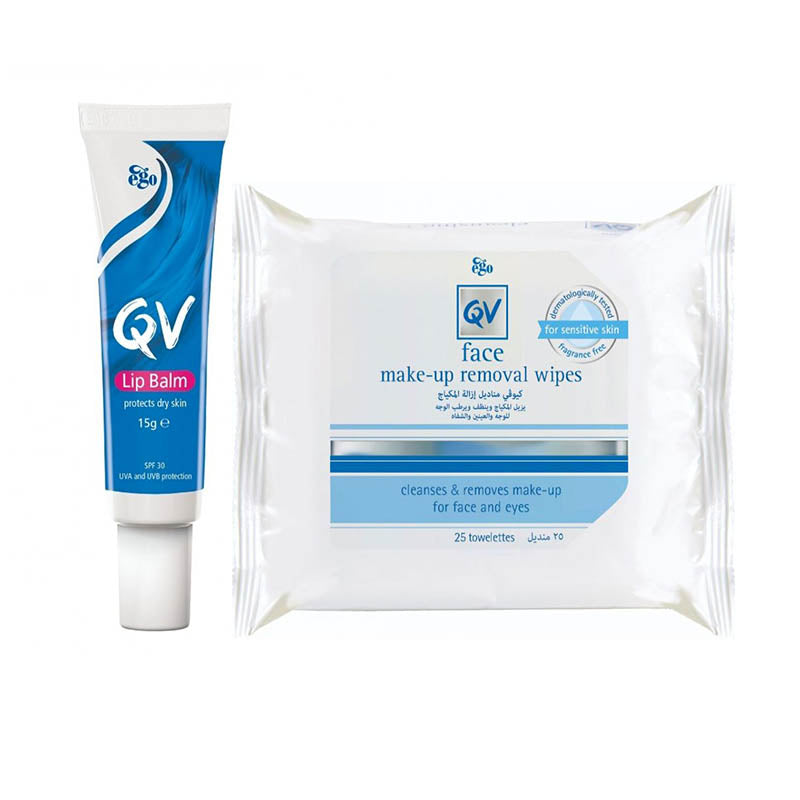 QV Lip Balm 15G + QV Face Make Up Removal Wipes Free Offer