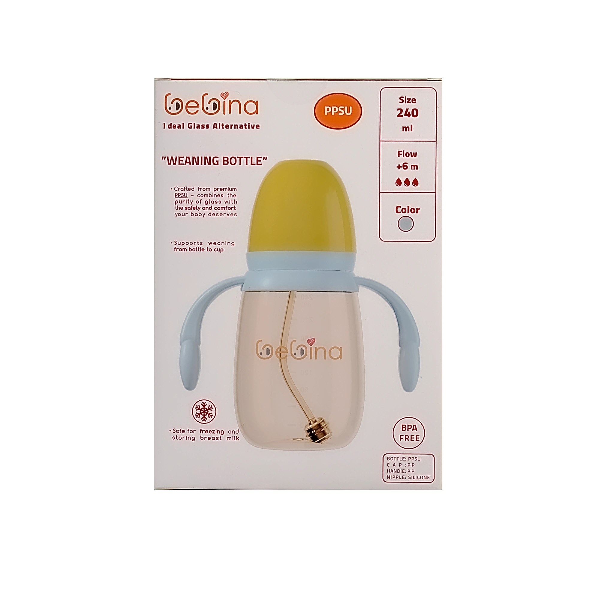 Bebina Weaning Bottle - Light Blue - 240ml+6 M